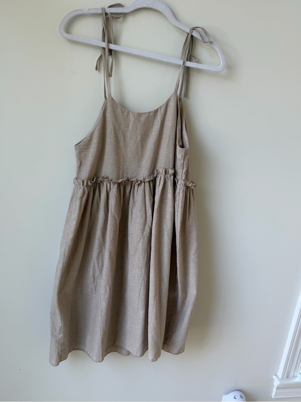 NWT Commense Size Small Cotton Linen Tie-Shoulder Mini Dress in Beige Tan Ruffle - Picture 10 of 15
